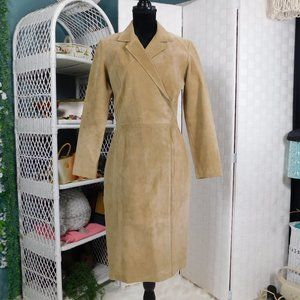 Tan Suede Mid Length Long Sleeve Wrap Dress